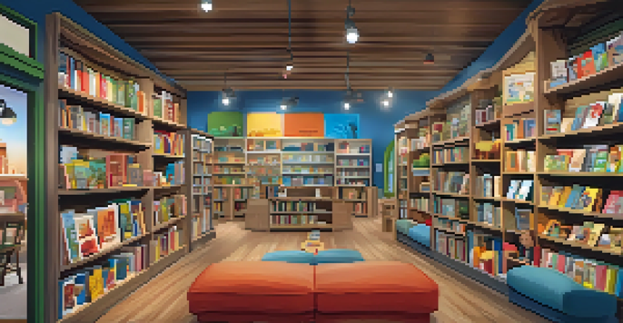 A warm and inviting children's bookstore filled with colorful books, with children reading and a mural of whimsical characters on the wall.