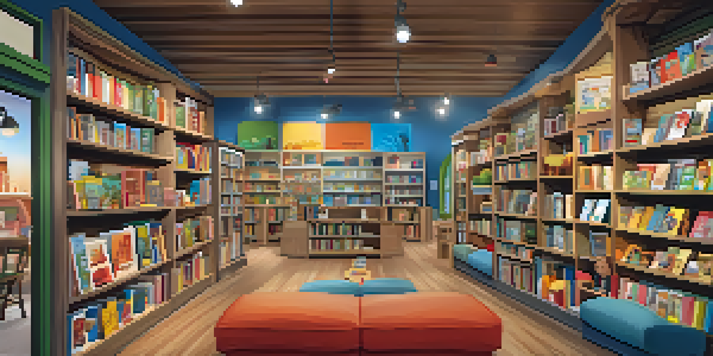 A warm and inviting children's bookstore filled with colorful books, with children reading and a mural of whimsical characters on the wall.