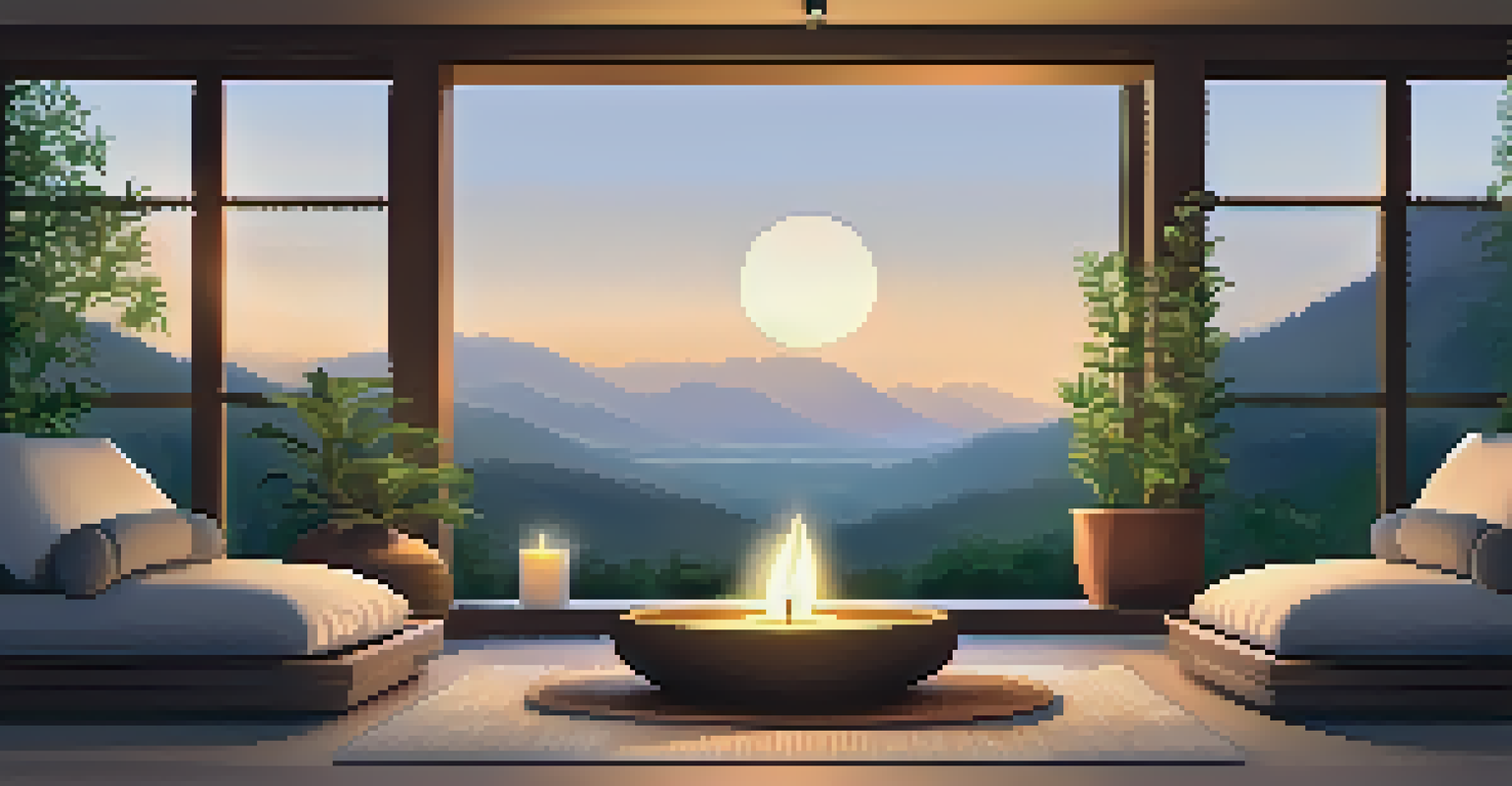 A tranquil meditation area with cushions in a circle, soft lighting, candles, and potted plants, with a view of nature through a window.