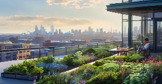 A modern building with a lush green roof and a person enjoying coffee, overlooking a city skyline on a sunny day.