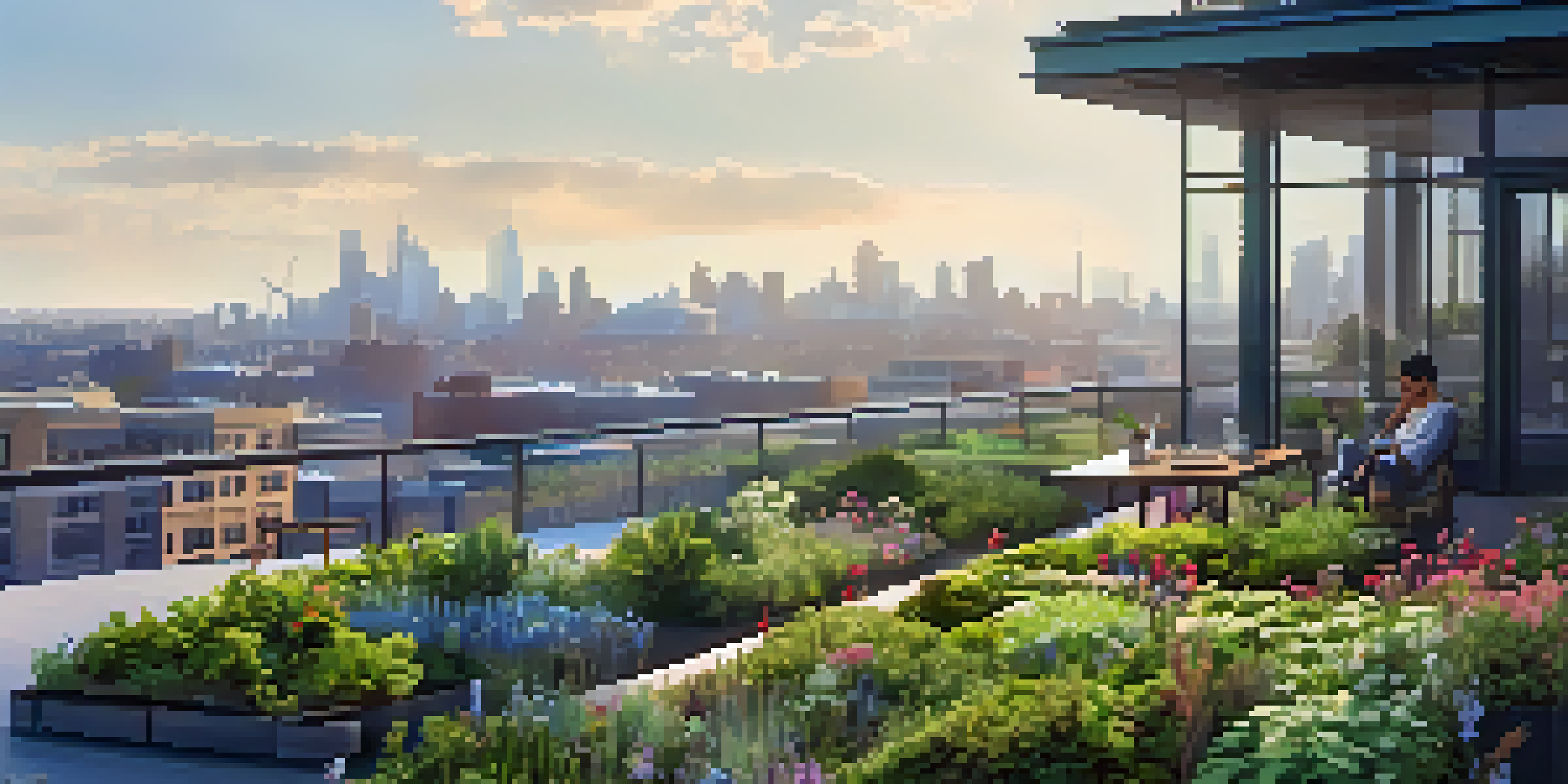 A modern building with a lush green roof and a person enjoying coffee, overlooking a city skyline on a sunny day.