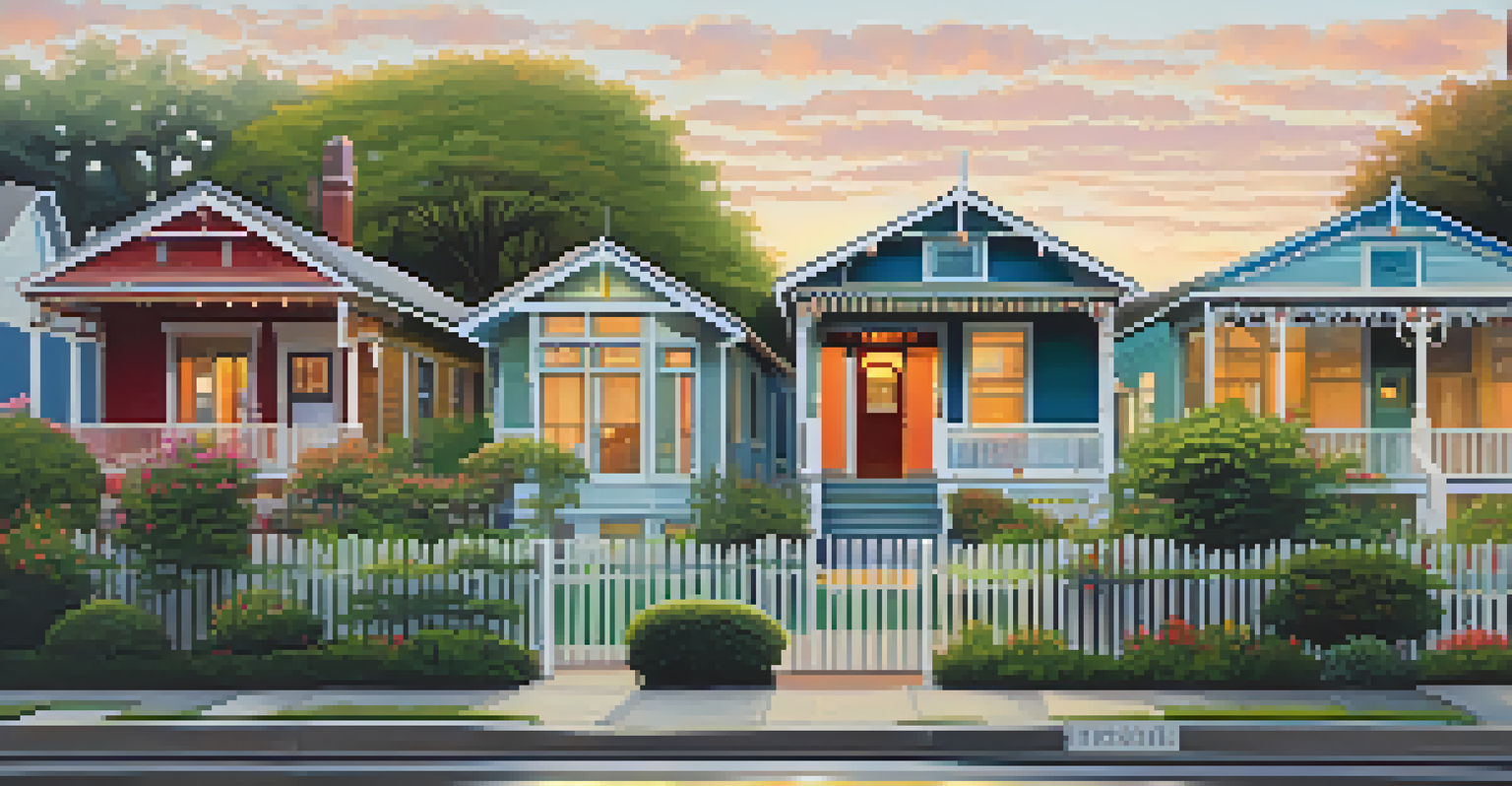 A row of colorful early 20th-century bungalows with blooming gardens under soft morning light.