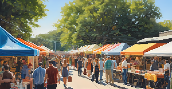 A lively vintage market in Austin with shoppers exploring colorful stalls of retro clothing under warm sunlight.