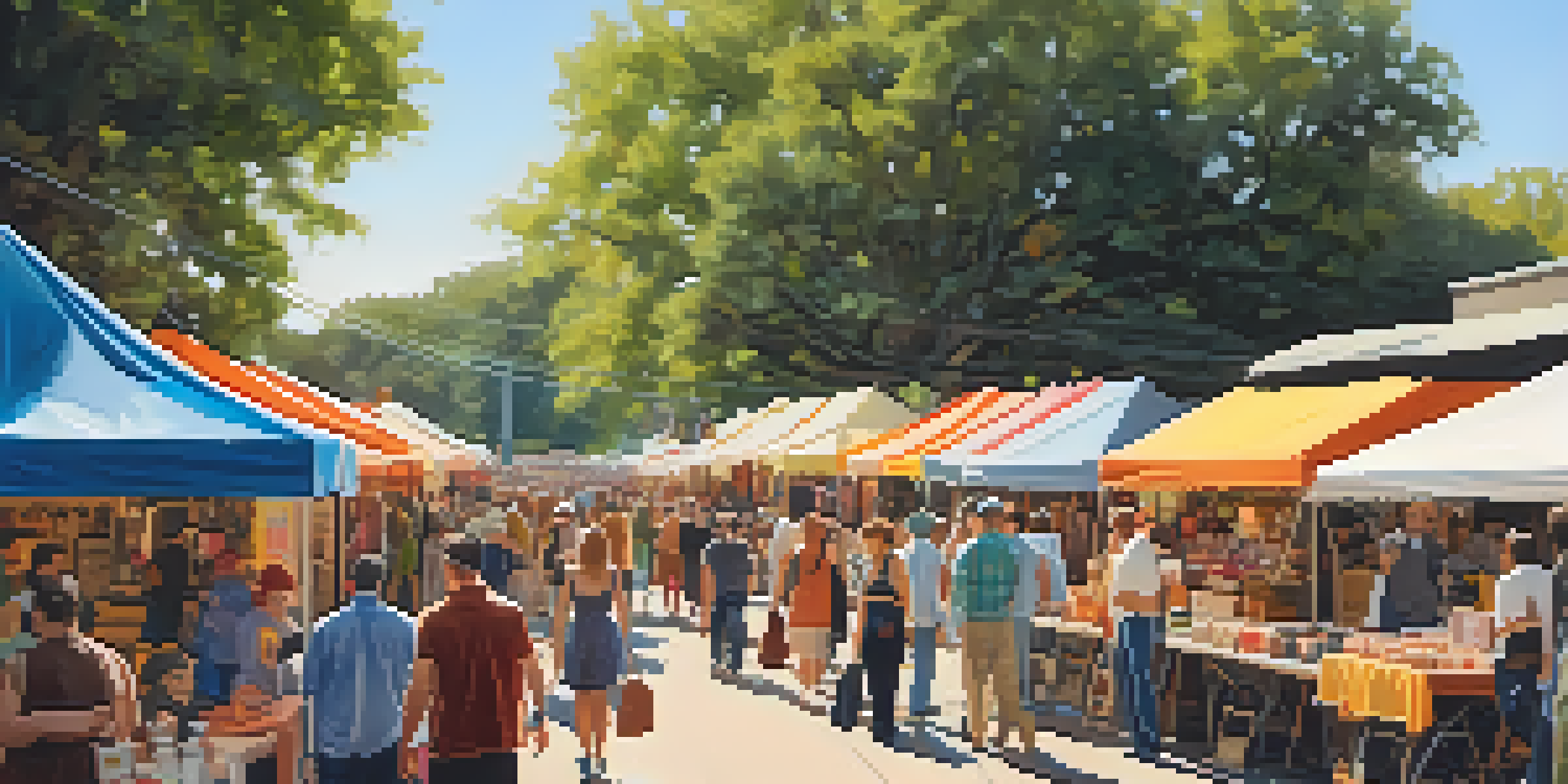 A lively vintage market in Austin with shoppers exploring colorful stalls of retro clothing under warm sunlight.
