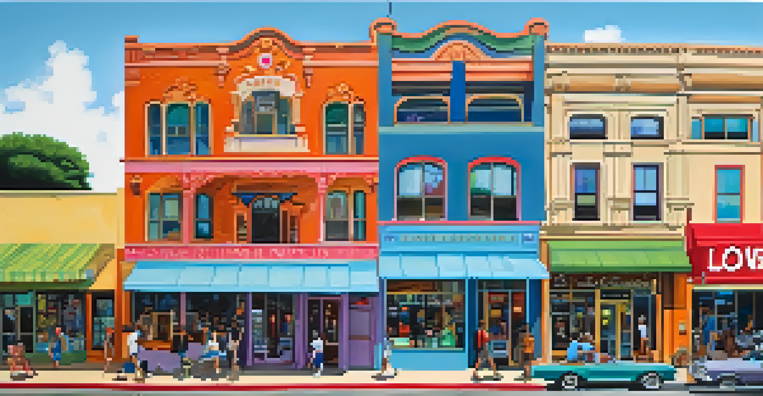 A lively street in South Congress Avenue, featuring quirky shops, eateries, and a mural, highlighting the blend of historic and modern architecture.