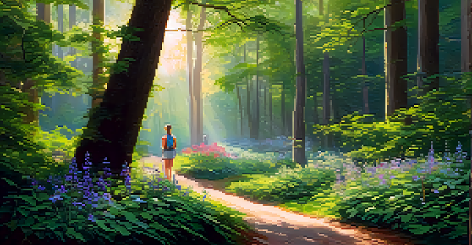 A peaceful nature walk in a green forest with sunlight and diverse groups of people learning from a guide.