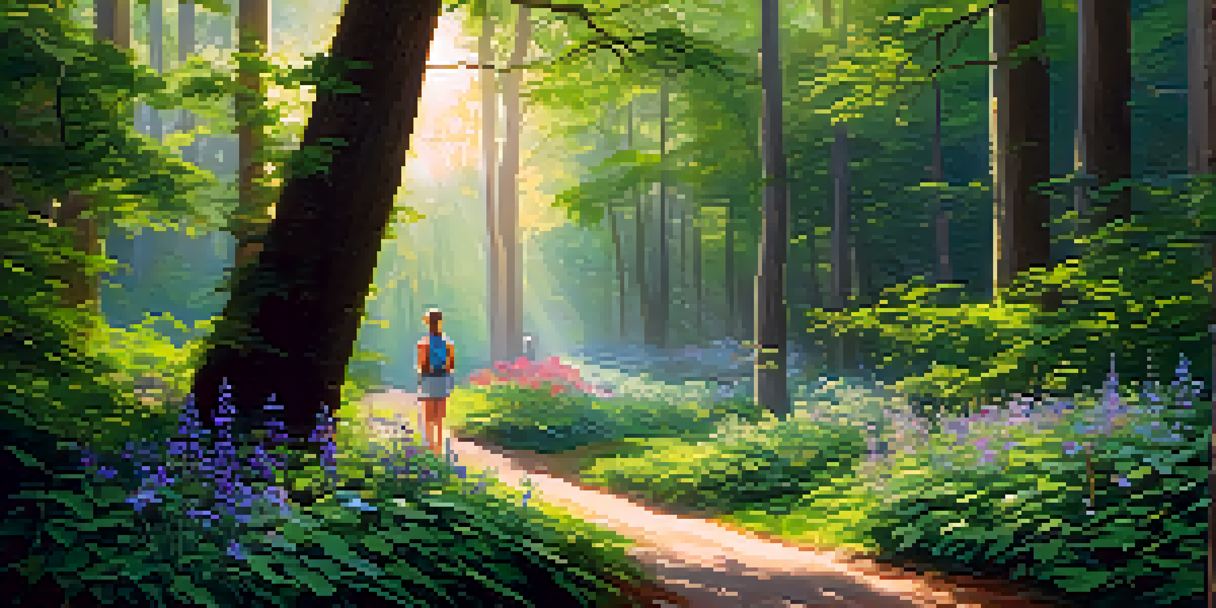 A peaceful nature walk in a green forest with sunlight and diverse groups of people learning from a guide.