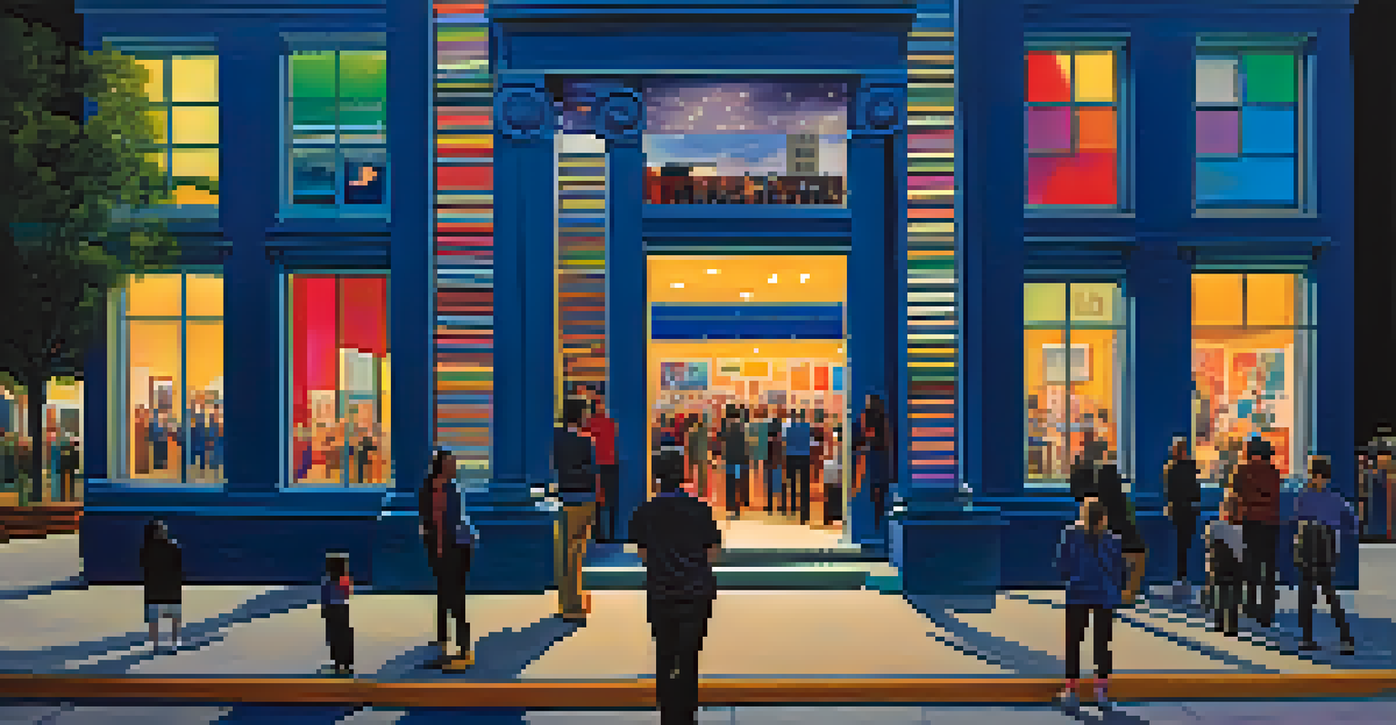A nighttime view of an art gallery in Austin, illuminated with colorful lights and visitors mingling outside.