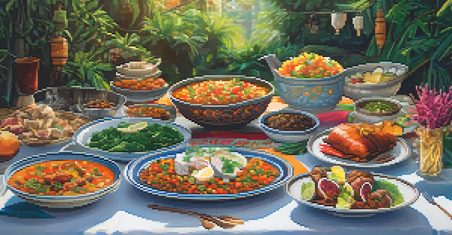 A table with a variety of traditional dishes from different cultures, decorated with natural foliage and fairy lights.