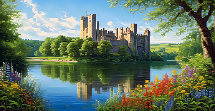 A historic castle surrounded by greenery and flowers under a clear blue sky.