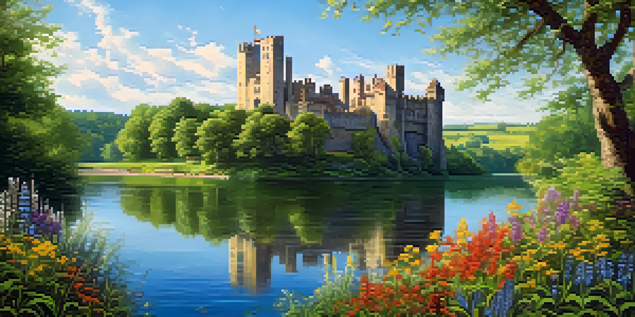 A historic castle surrounded by greenery and flowers under a clear blue sky.