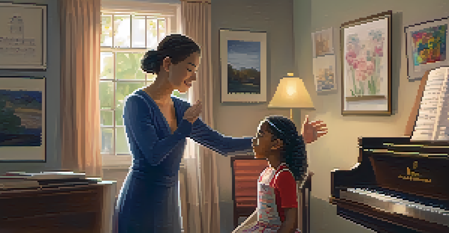A young girl singing during an individual vocal lesson with an attentive instructor in a cozy, well-lit room.