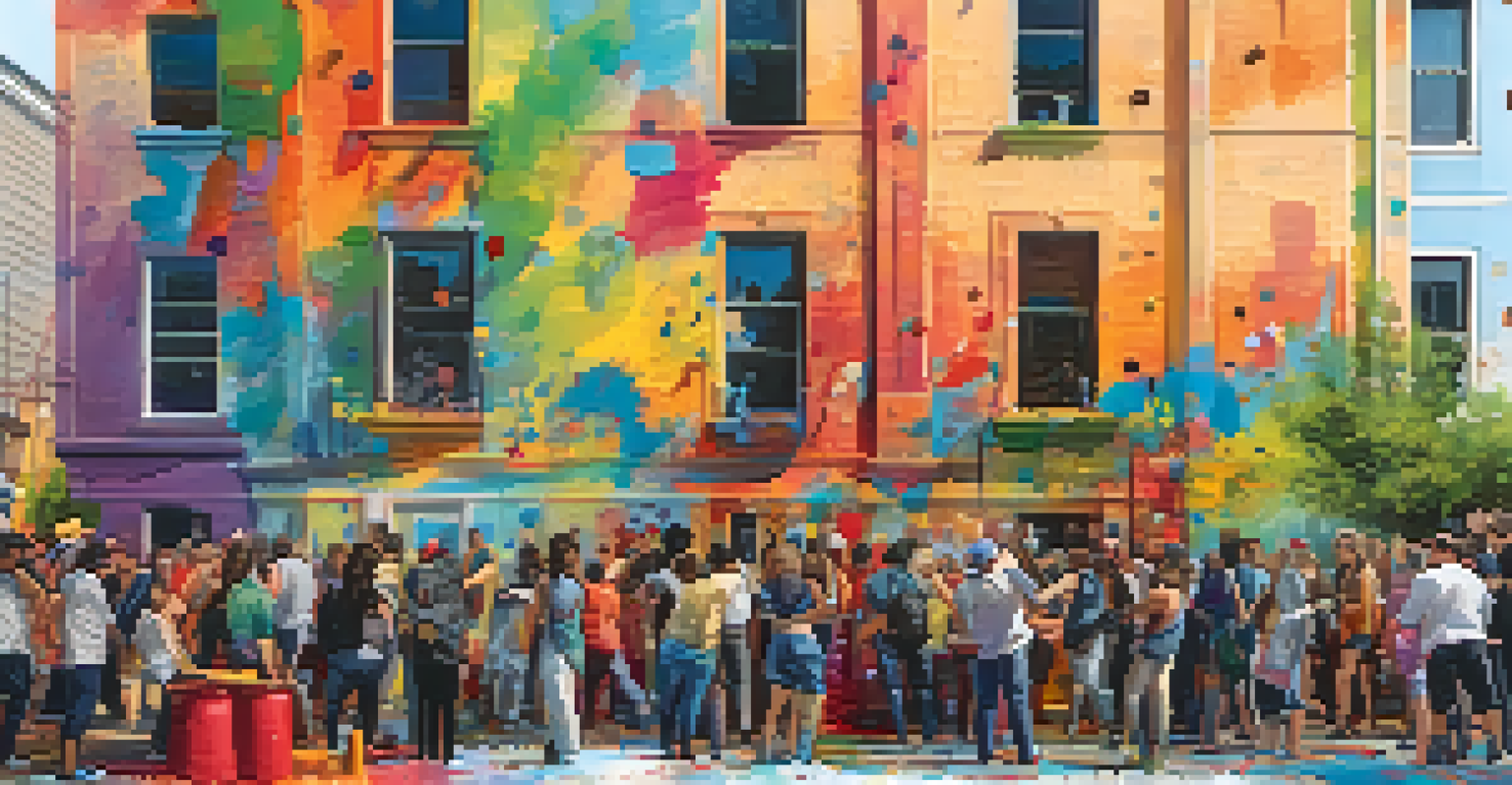 Artists of various backgrounds collaborating on a vibrant mural in a public space.