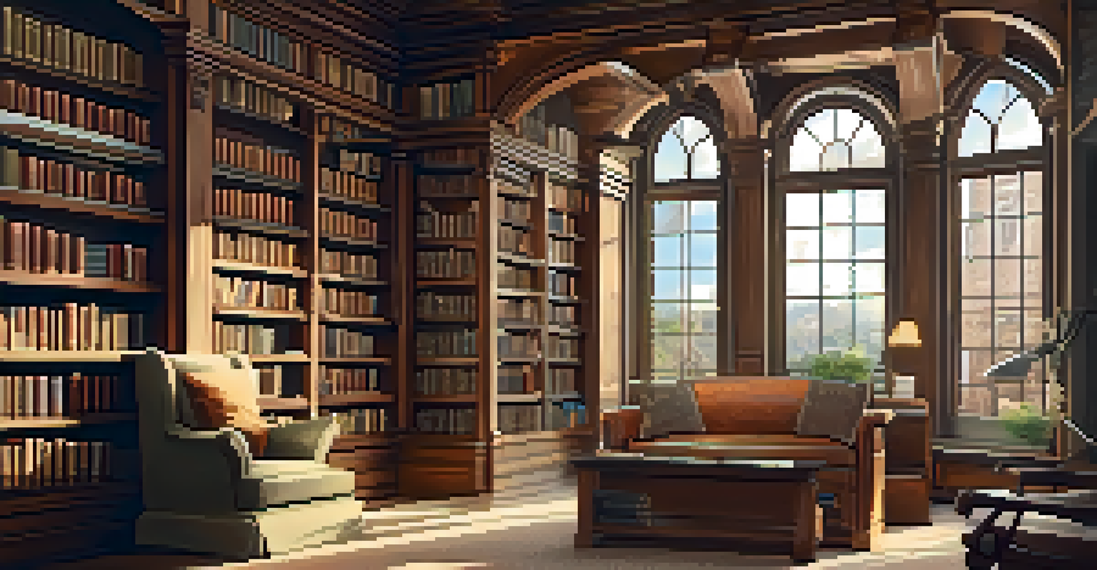 A cozy library with wooden bookshelves, a reading nook by a window, and vintage decor.