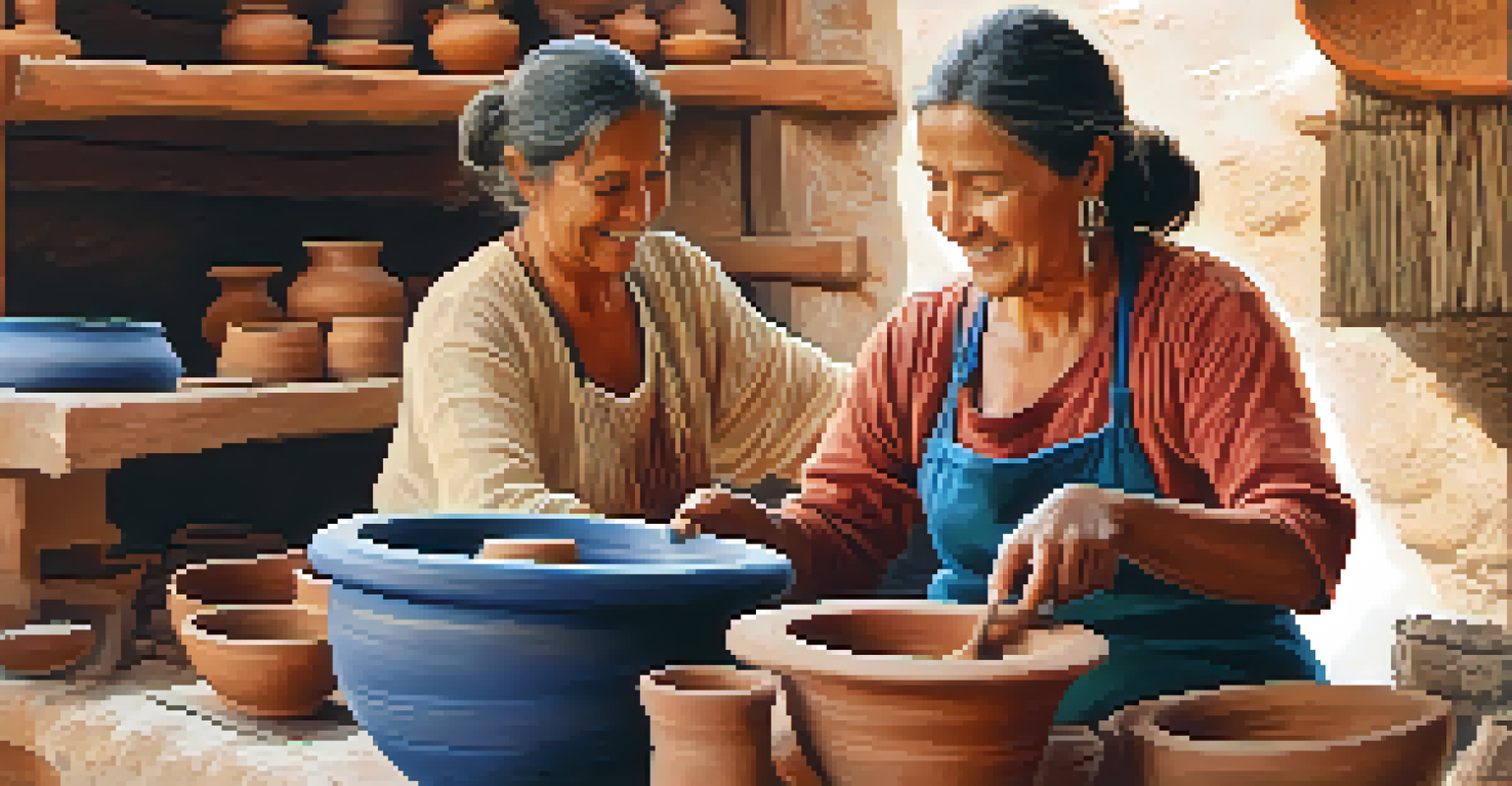 A local artisan shaping pottery at a market stall, with finished pieces around her and soft light highlighting the textures.
