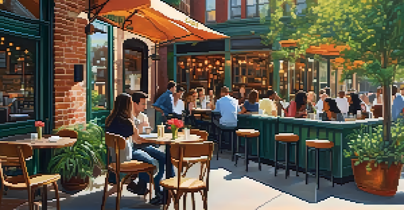 A charming café in North Loop with outdoor seating, patrons enjoying pastries, and a colorful mural, bathed in warm sunlight.