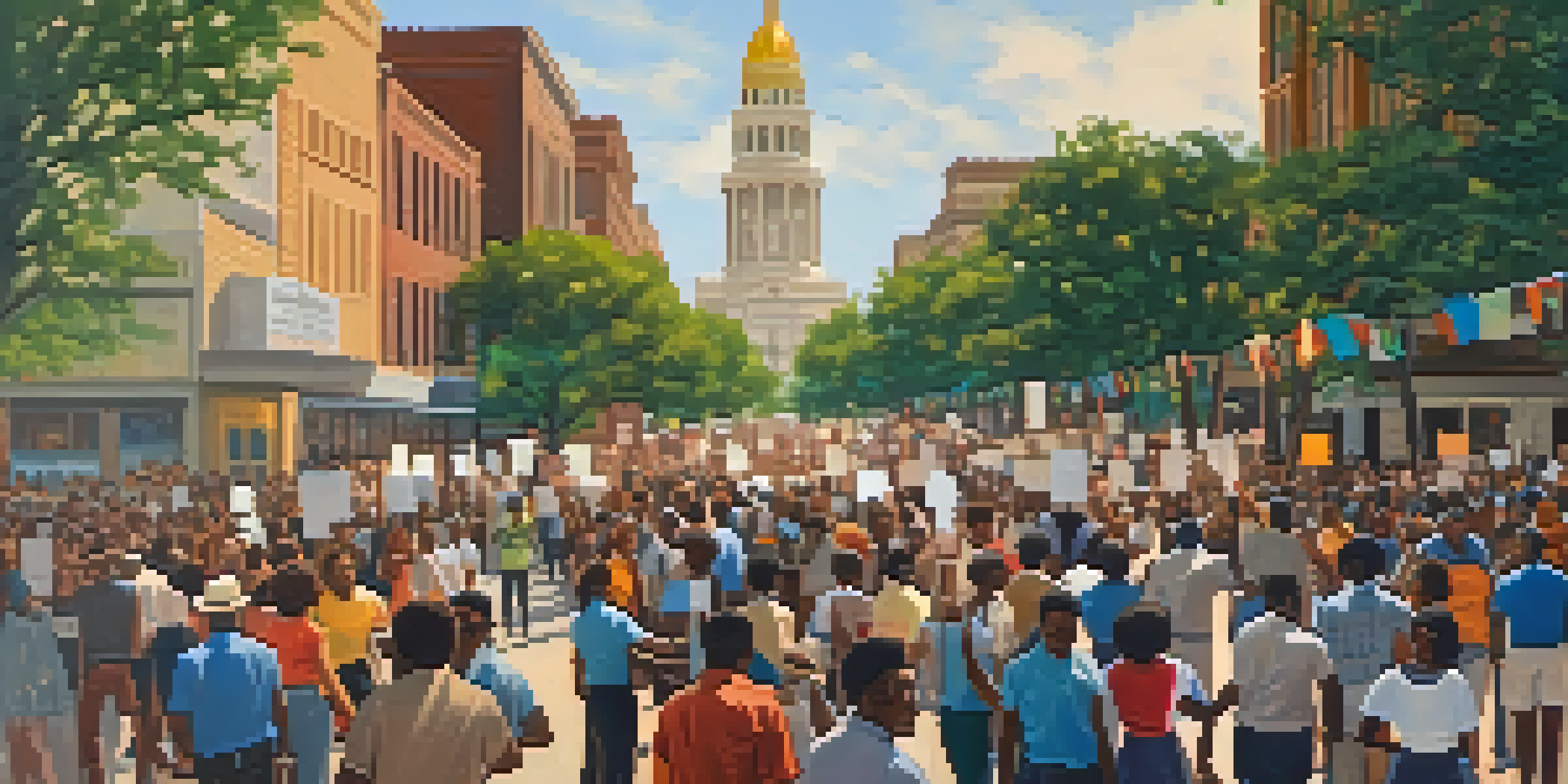 Activists gathered in a street in Austin during the 1960s, holding signs for equality and justice, with historic buildings and trees in the background.