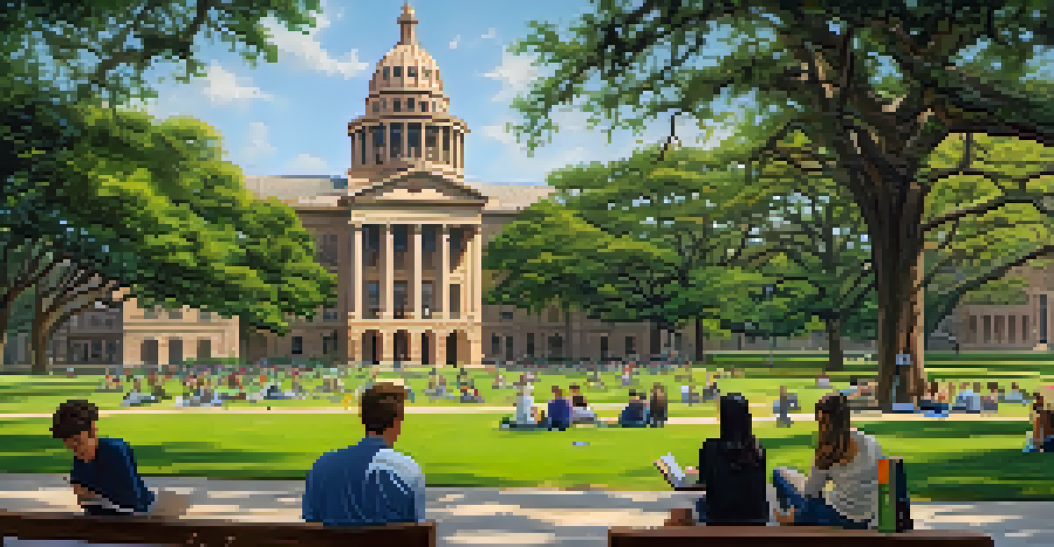 A scenic view of the University of Texas at Austin campus with students walking and studying among blooming flowers.