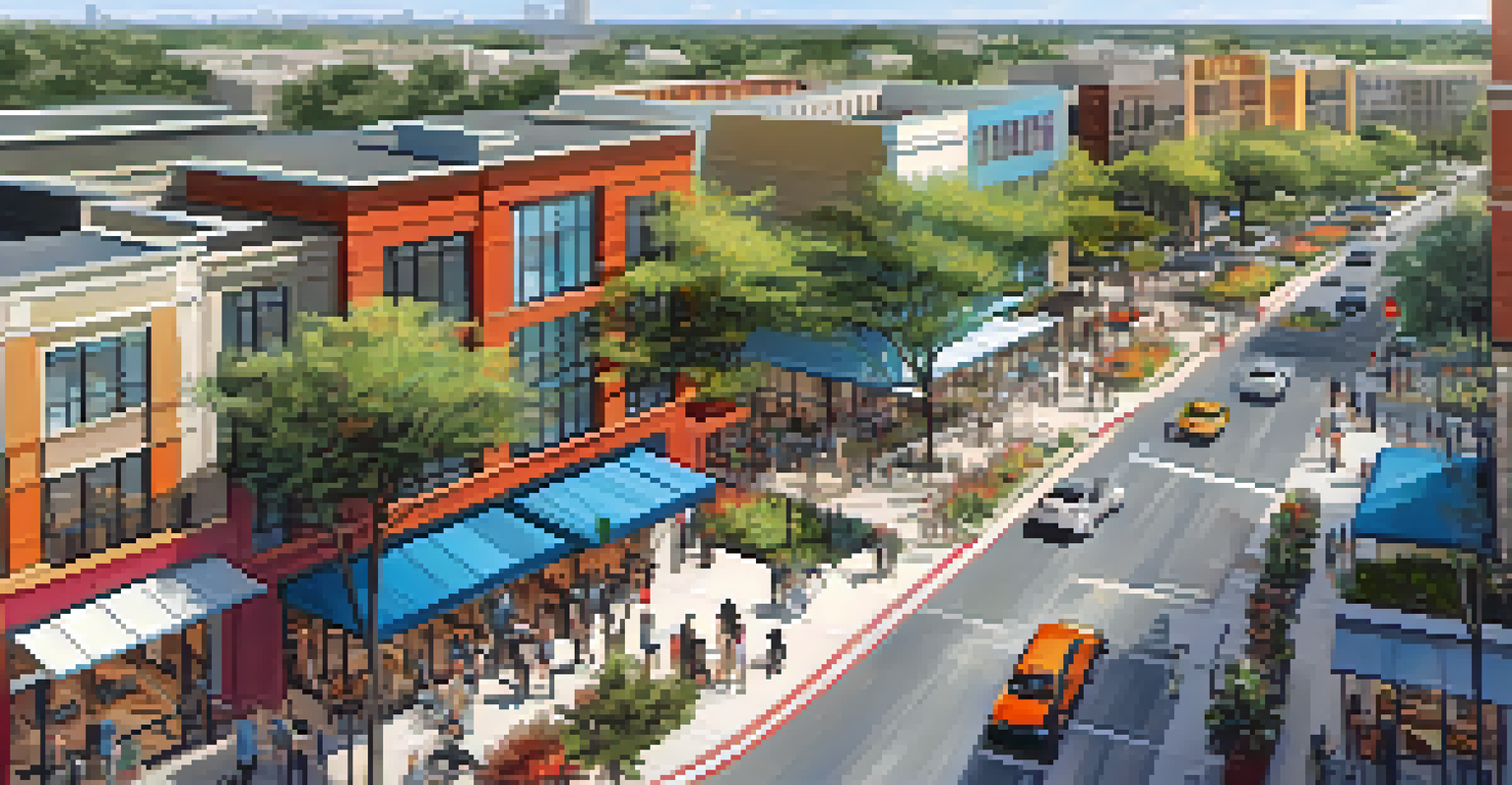 Aerial view of The Domain in Austin with shops and restaurants bustling with activity.