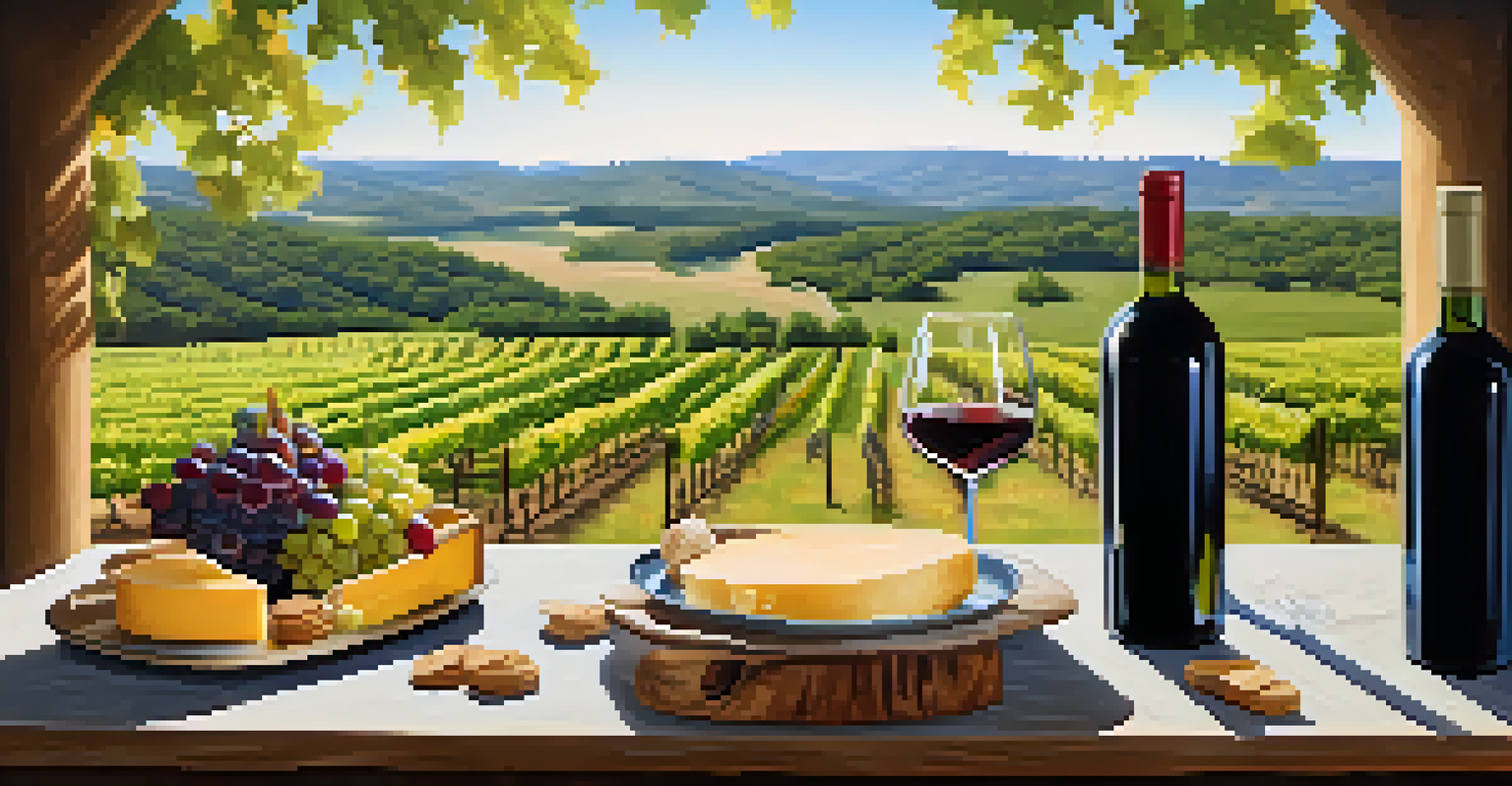 A wine tasting setup at a vineyard with a table of wine glasses and a cheese platter, set against rolling hills under a blue sky.