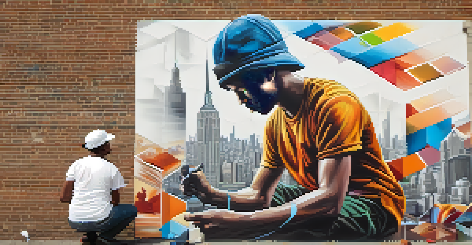 A street artist painting a large colorful mural on a brick wall, with a bustling city in the background.