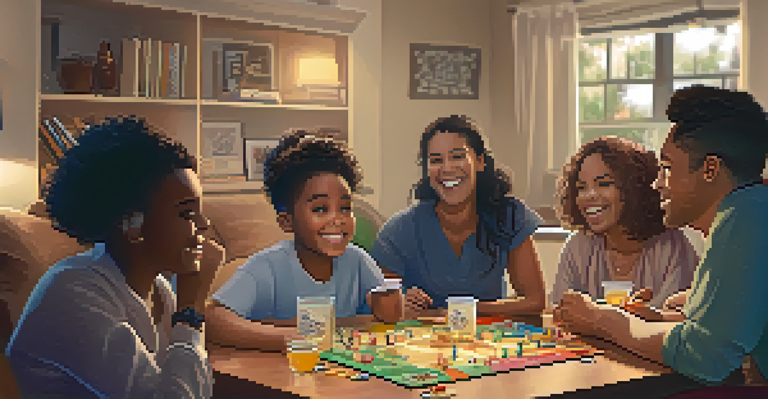 A joyful family game night with a podcast in the background, surrounded by board games and snacks, creating a warm atmosphere.