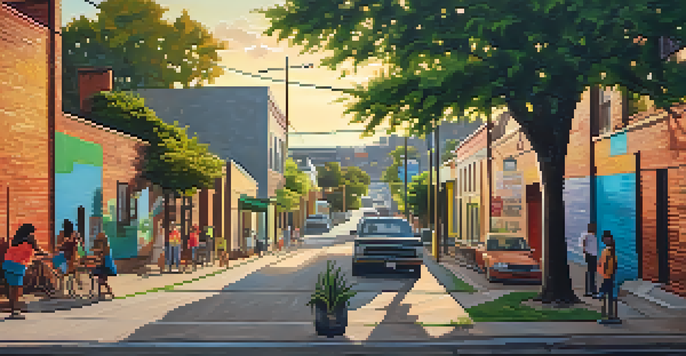 A colorful street scene in East Austin with vibrant murals and people participating in an art event during sunset.