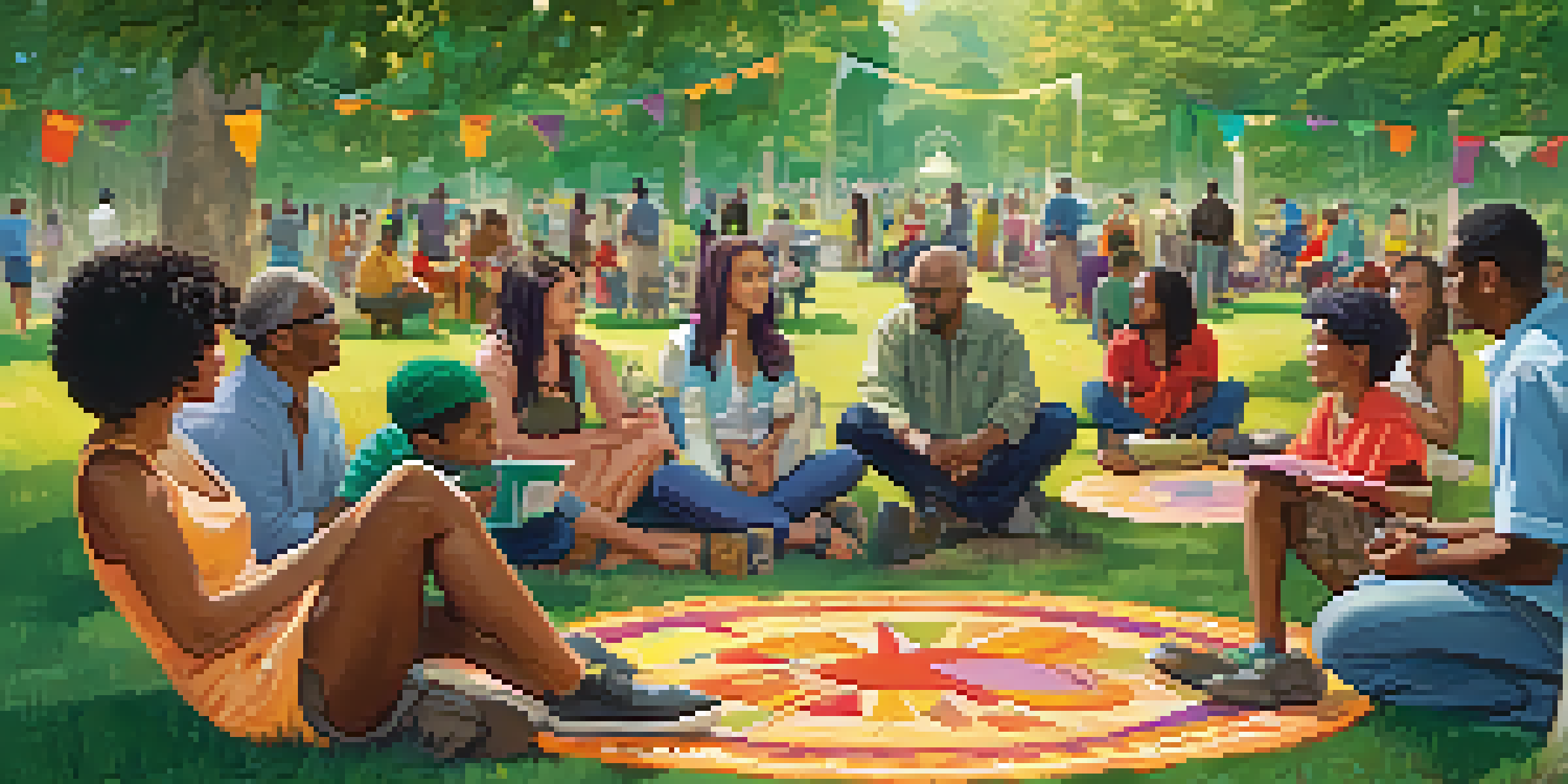 A diverse group of individuals sitting in a circle at a park, engaging in conversation and support, with colorful banners in the background.