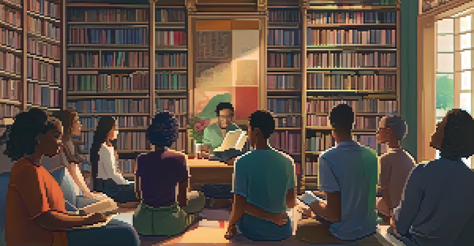 A cozy poetry reading event in a bookstore with diverse attendees listening to a poet on stage.