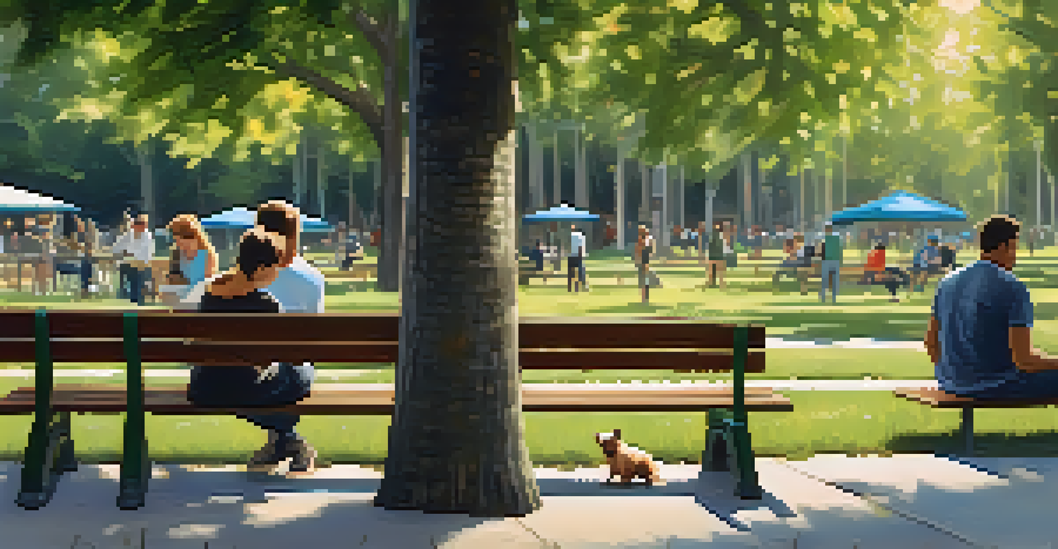 A small dog sitting on a bench with its owner reading a book, surrounded by a lively dog park atmosphere.