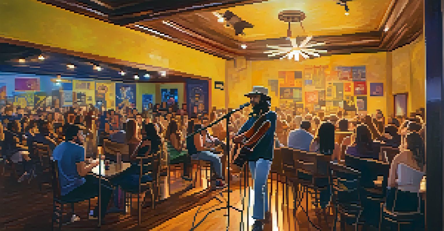 A cozy music venue in Austin with local artists performing on stage, warm lighting, and audience members enjoying the intimate atmosphere.