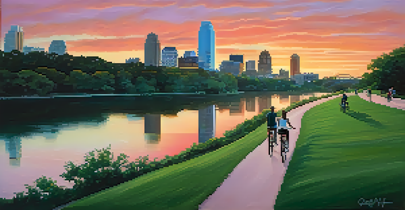 A picturesque sunset over Lady Bird Lake in Austin with bikers and walkers along the scenic trail.