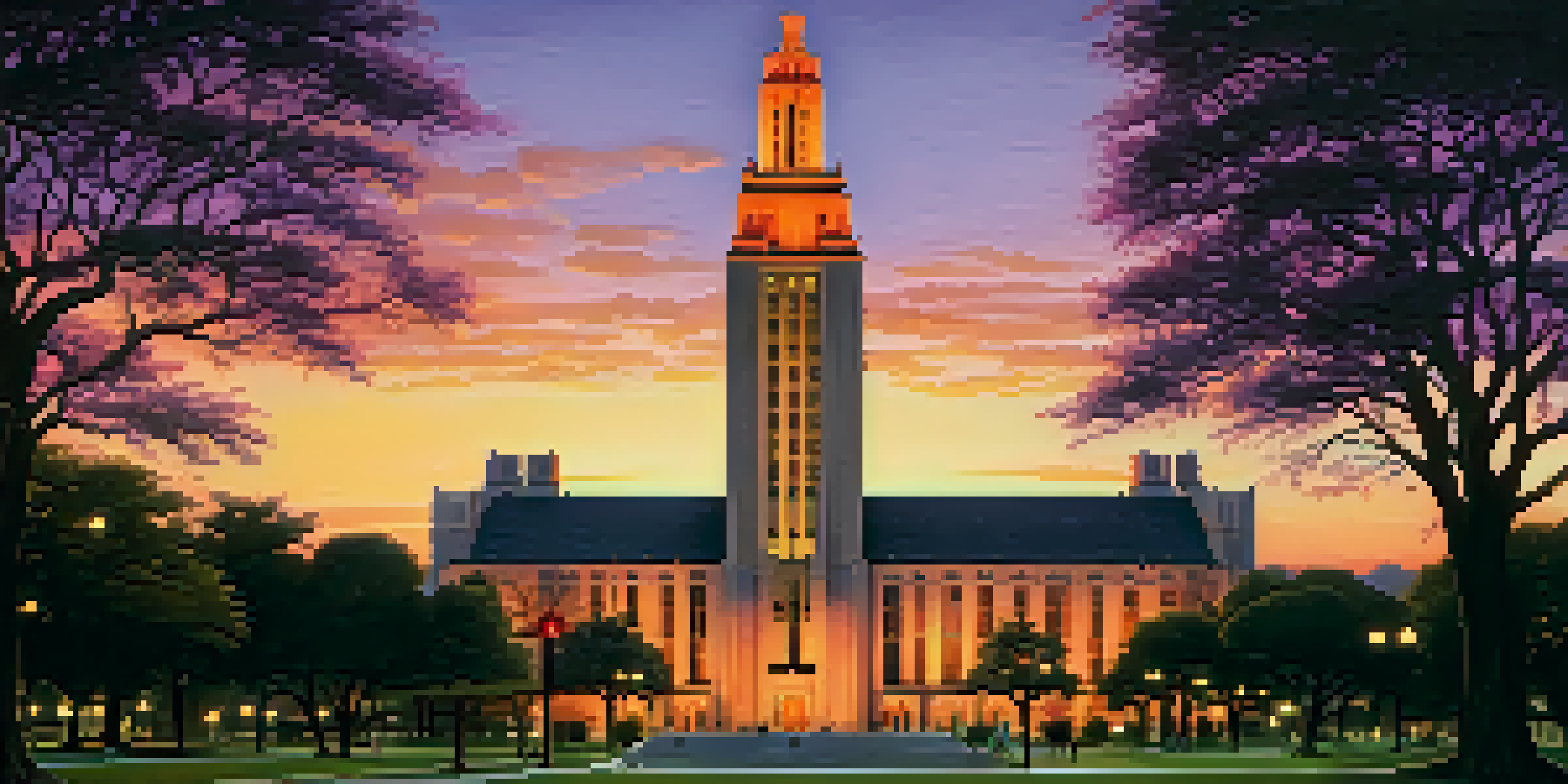 A photo of the UT Tower at sunset with vibrant colors in the sky and students gathered below.