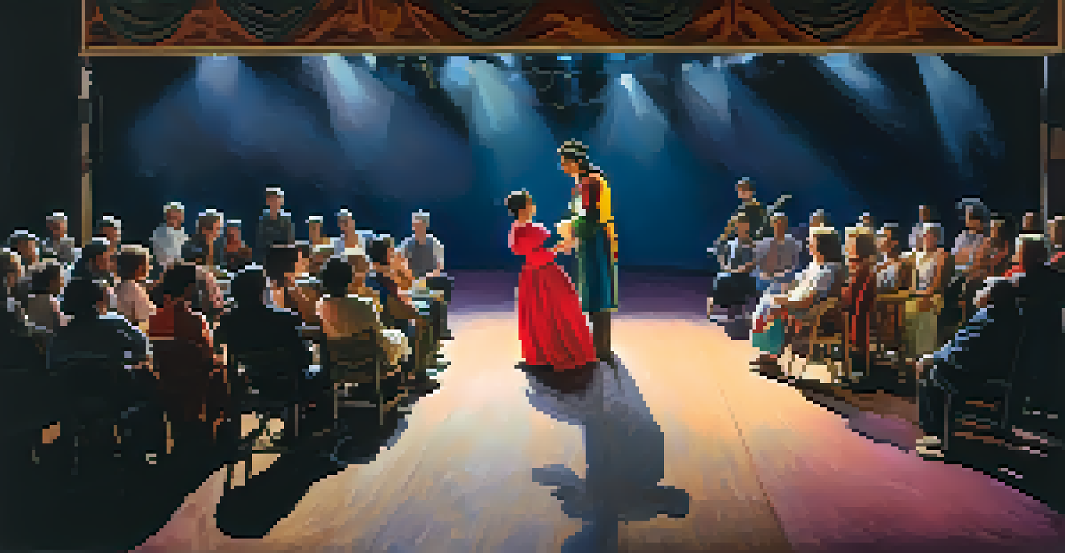 An audience watching a live performance in a cozy theater, with warm stage lighting and colorful costumes.