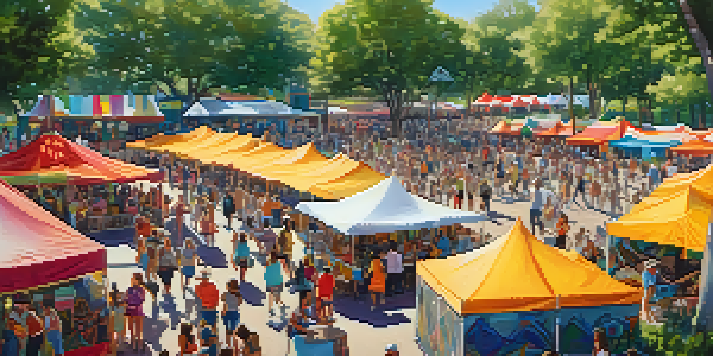 A lively outdoor festival in Austin with colorful tents, families enjoying, and musicians playing in a park.