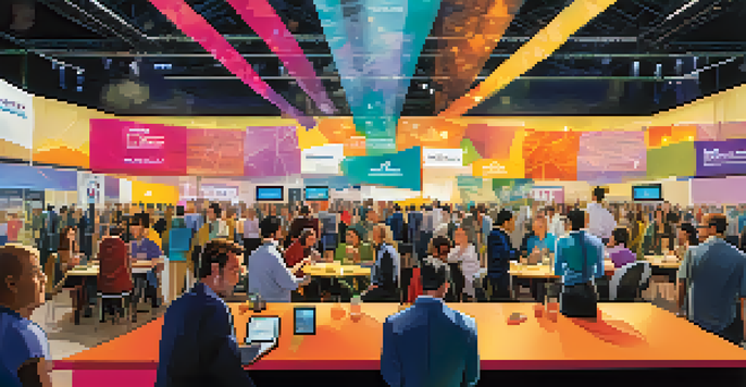 A lively tech conference in Austin with diverse attendees networking, colorful banners, and bright lighting.