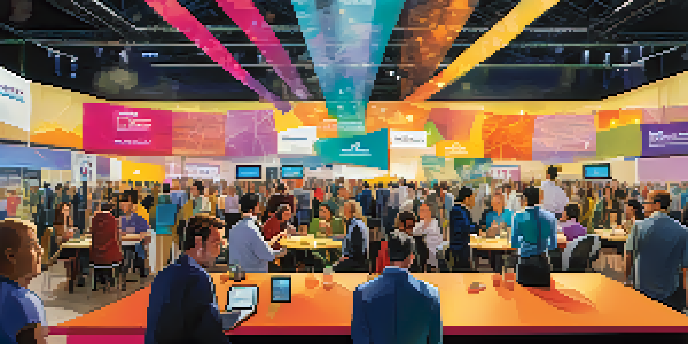 A lively tech conference in Austin with diverse attendees networking, colorful banners, and bright lighting.