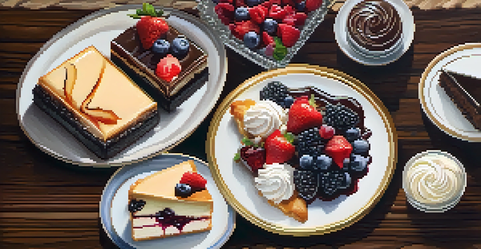 A dessert platter with cheesecake, pastries, and chocolate lava cake, beautifully arranged on a wooden table.
