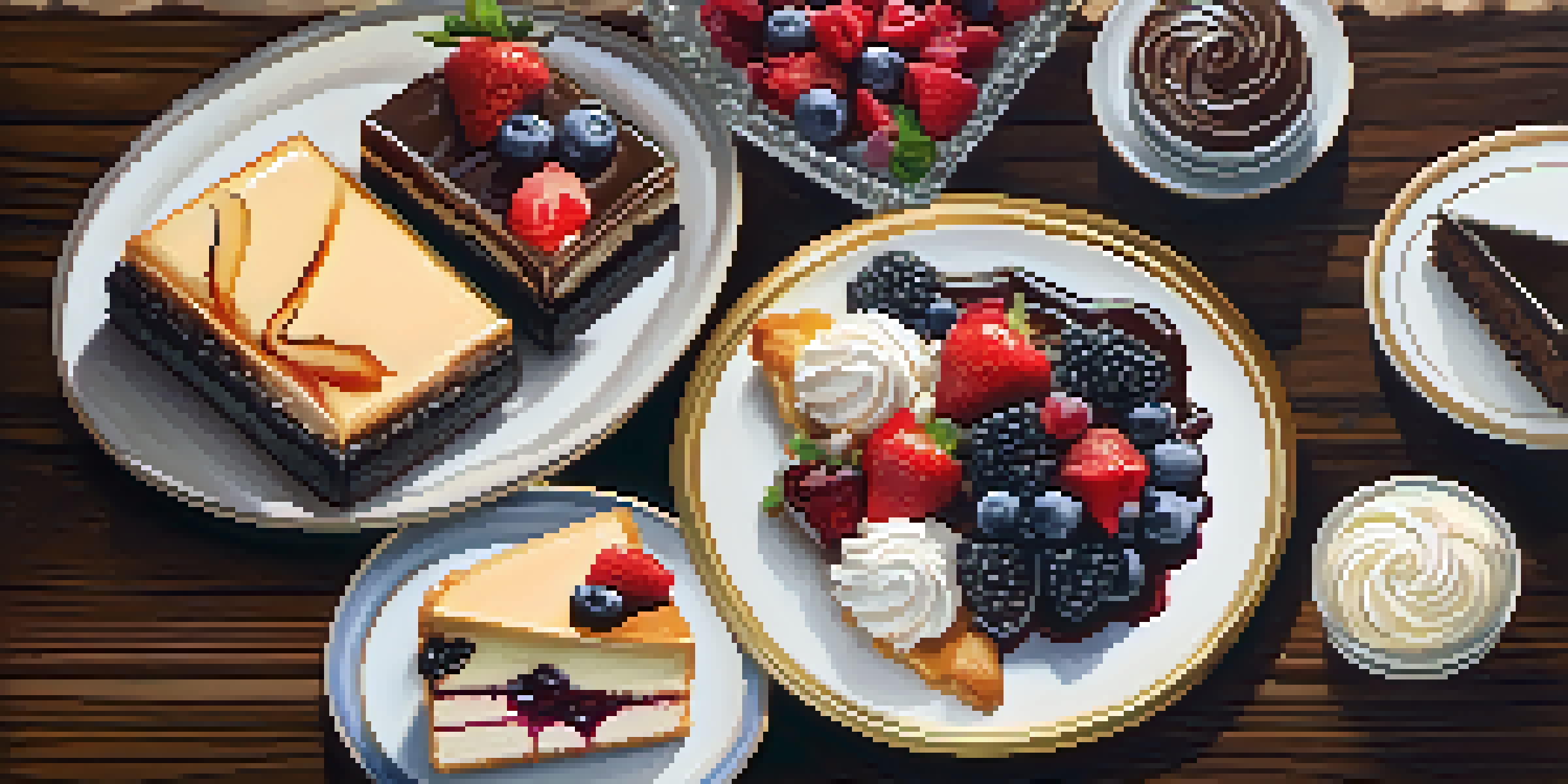 A dessert platter with cheesecake, pastries, and chocolate lava cake, beautifully arranged on a wooden table.