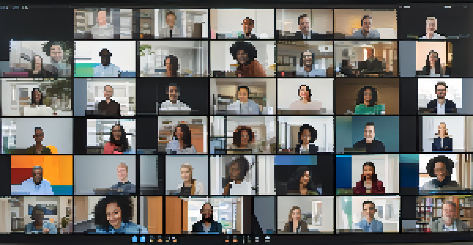 An online town hall meeting with diverse residents discussing urban development via video call.