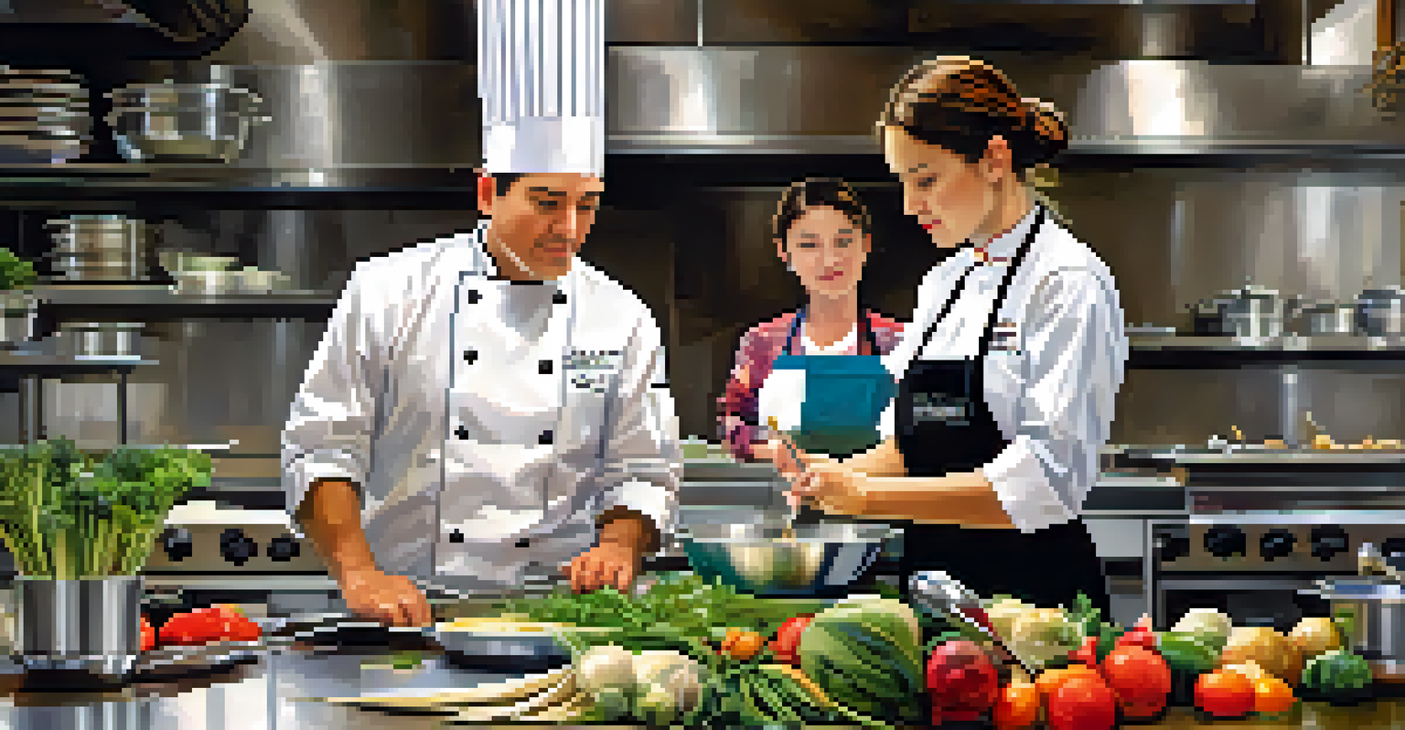 An experienced chef mentoring an amateur chef in a bustling competition kitchen, demonstrating cooking techniques.
