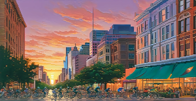 A sunset view of Austin's cityscape with cyclists and pedestrians on a busy street, featuring modern skyscrapers and historic buildings.