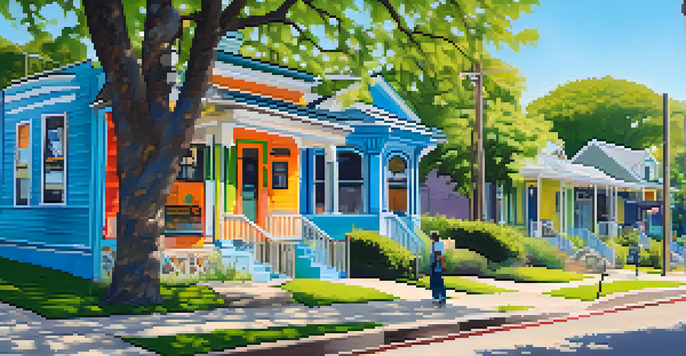 A picturesque street in Travis Heights with colorful homes and vibrant murals, surrounded by lush trees and a clear sky.