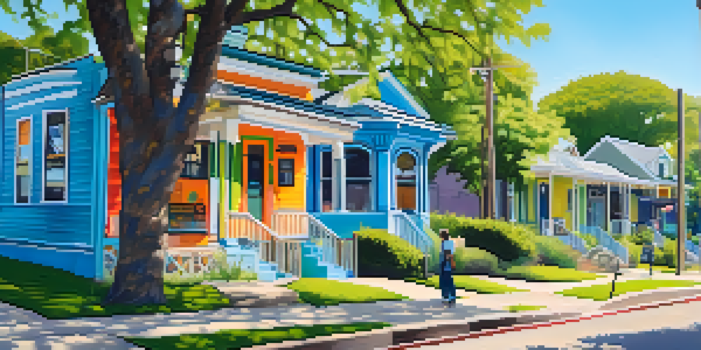 A picturesque street in Travis Heights with colorful homes and vibrant murals, surrounded by lush trees and a clear sky.