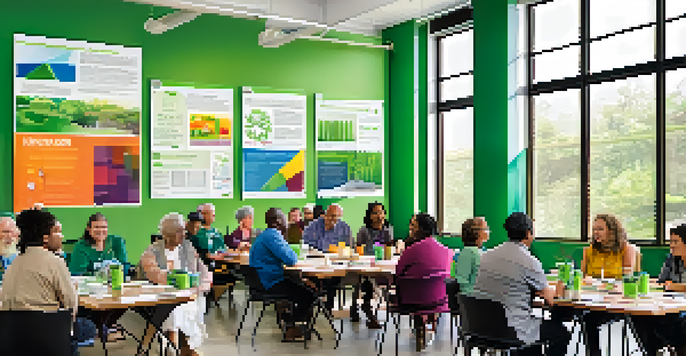A community workshop in Austin discussing green building practices, with diverse residents and colorful posters about sustainability.