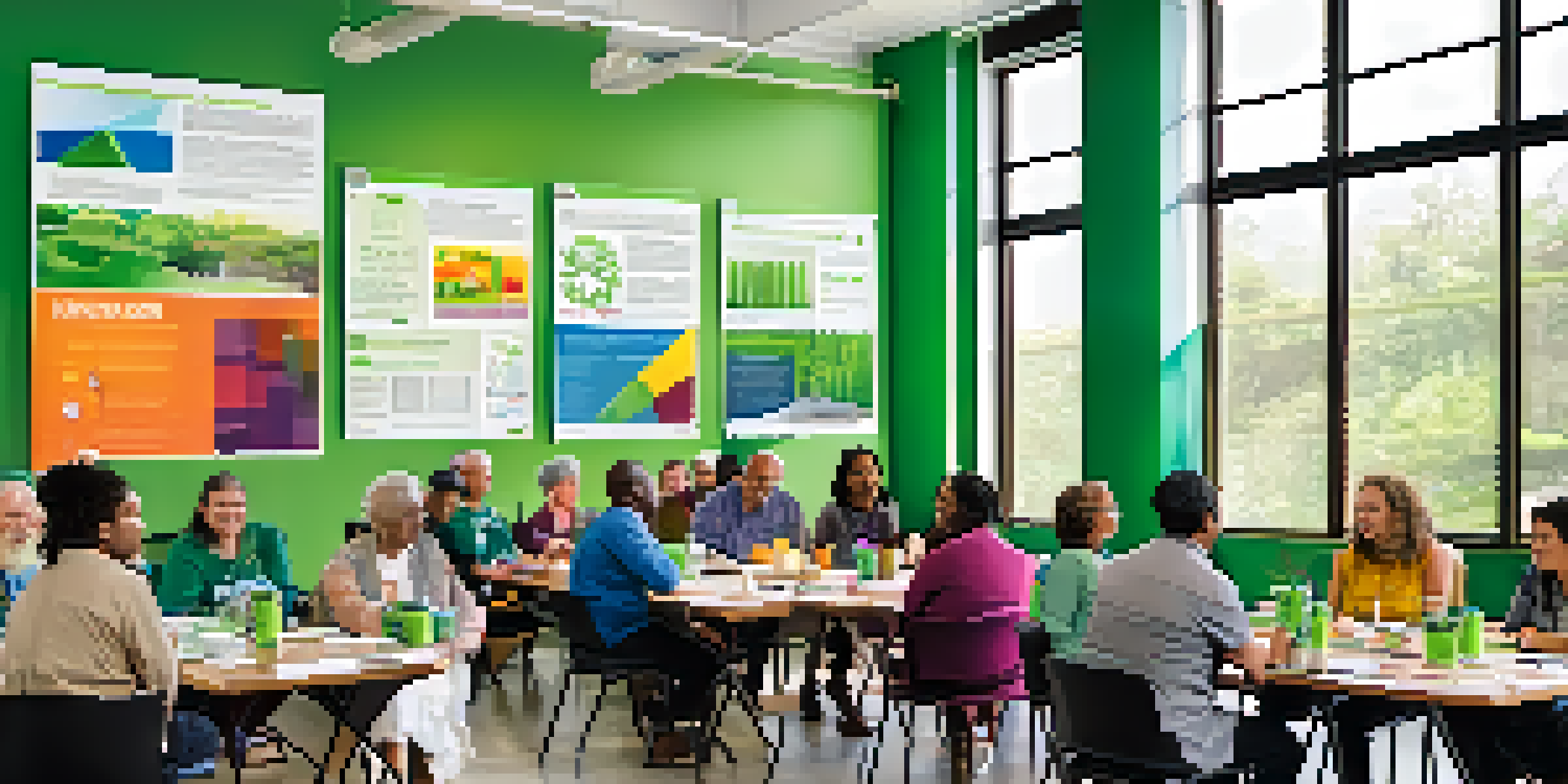 A community workshop in Austin discussing green building practices, with diverse residents and colorful posters about sustainability.