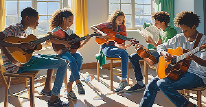 A group of young musicians collaborating and composing music in a bright classroom.