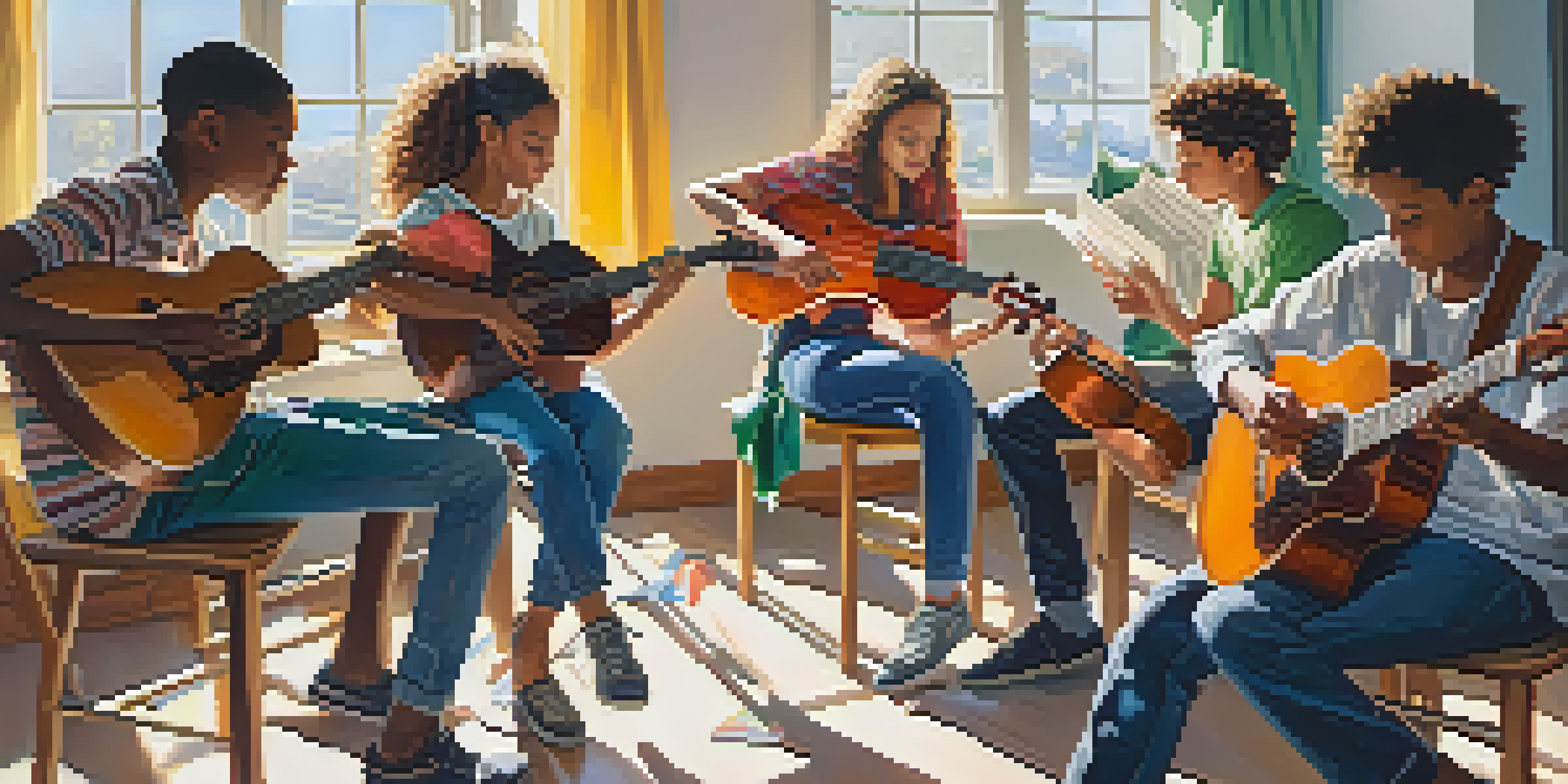 A group of young musicians collaborating and composing music in a bright classroom.
