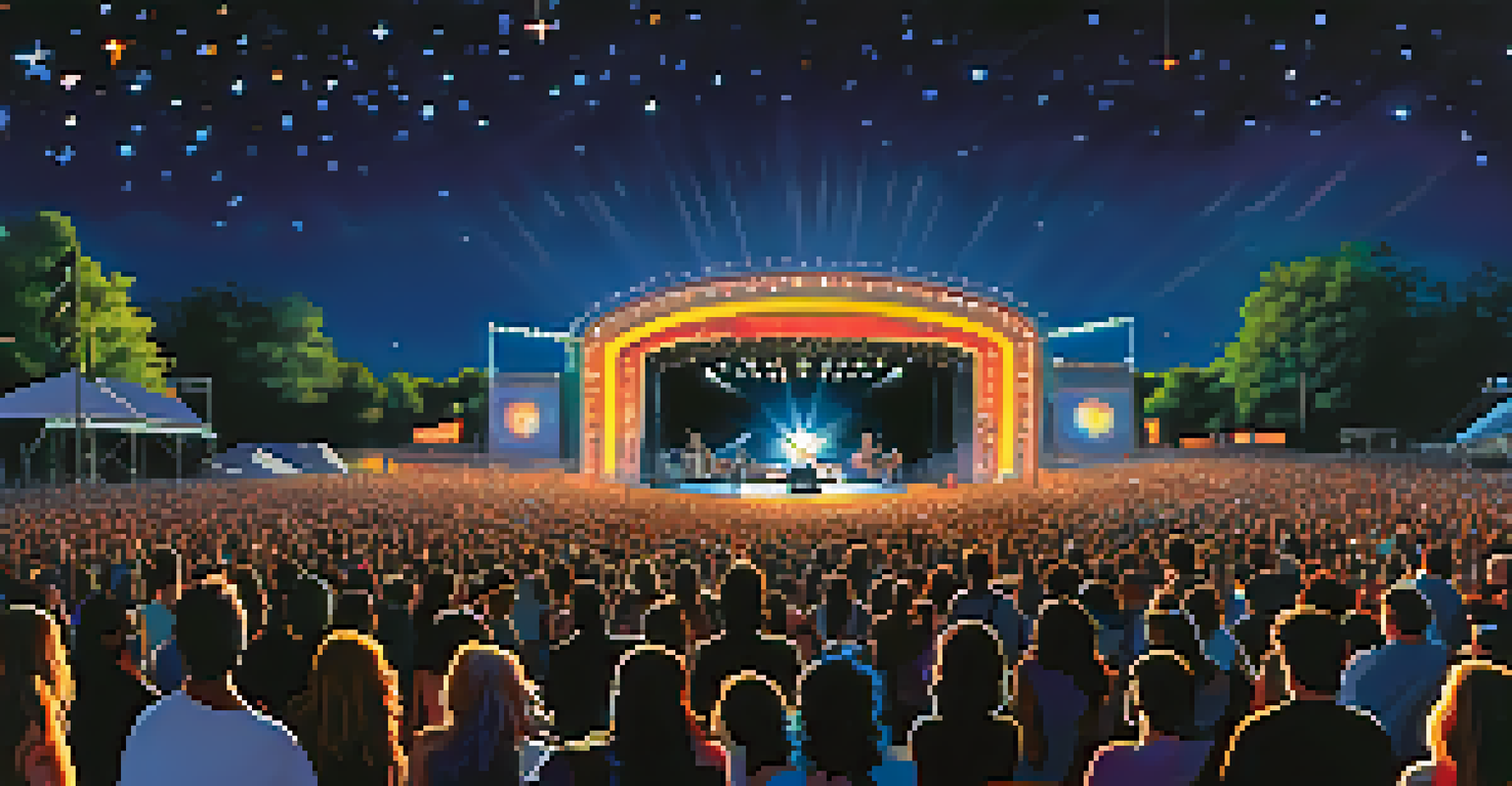 A night scene of a music festival with a glowing stage and illuminated audience silhouettes against a starry sky.