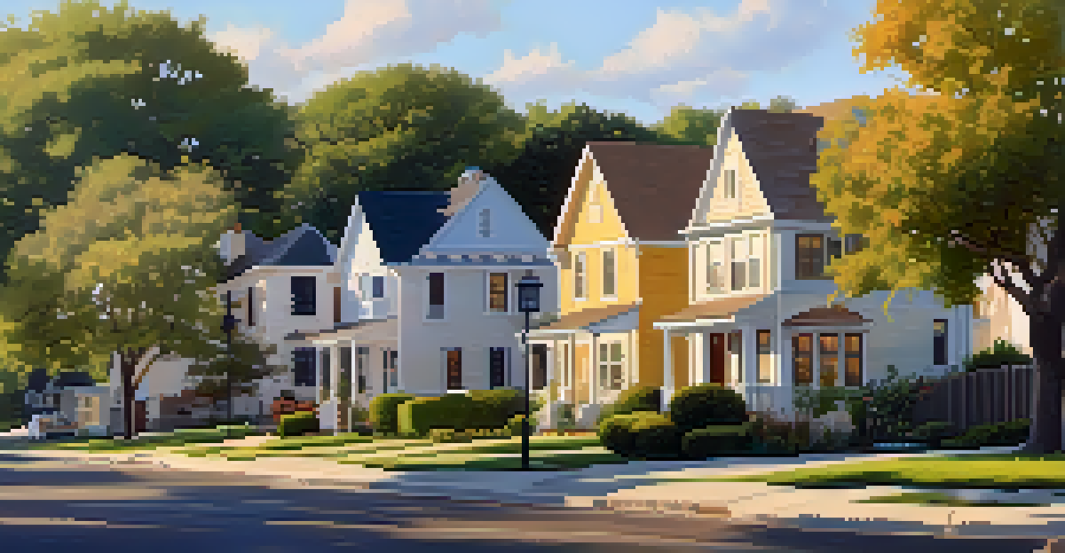 Suburban neighborhood in Austin with charming homes and gardens during golden hour light.